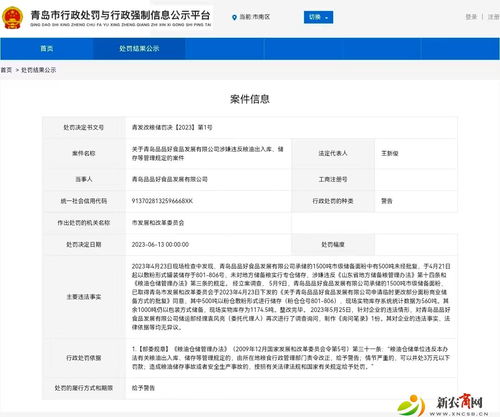 青岛品品好食品发展有限公司违反粮油管理规定被警告